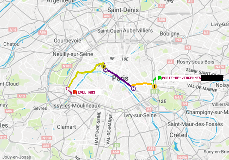 plan itinéraire ratp de Porte de Vincennes à Exelmans