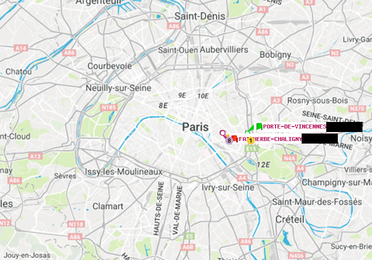 plan itinéraire ratp de Porte de Vincennes à Faidherbe-Chaligny