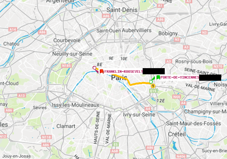 plan itinéraire ratp de Porte de Vincennes à Franklin-Roosevelt
