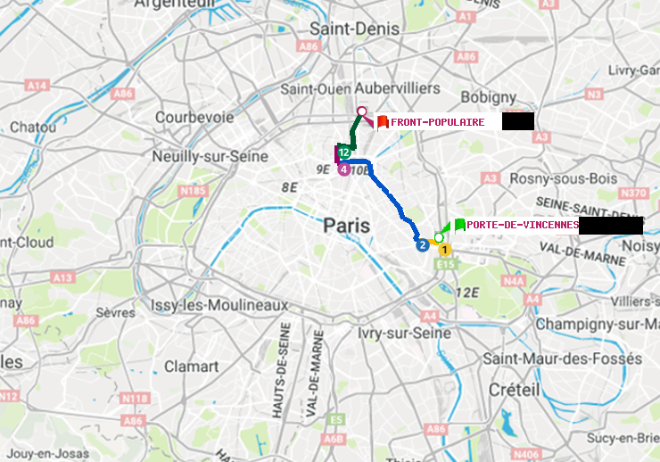 plan itinéraire ratp de Porte de Vincennes à Front Populaire
