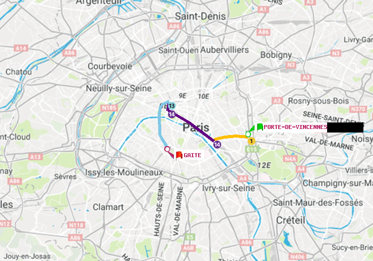 plan itinéraire ratp de Porte de Vincennes à Gaité