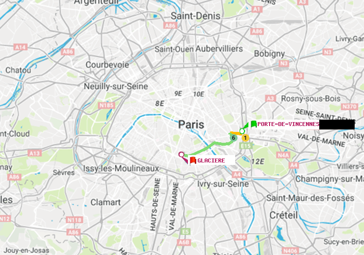 plan itinéraire ratp de Porte de Vincennes à Glacière