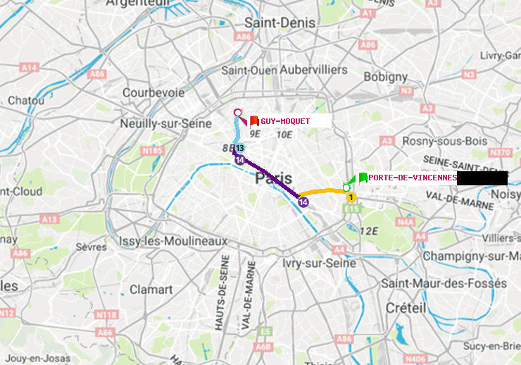 plan itinéraire ratp de Porte de Vincennes à Guy-Môquet