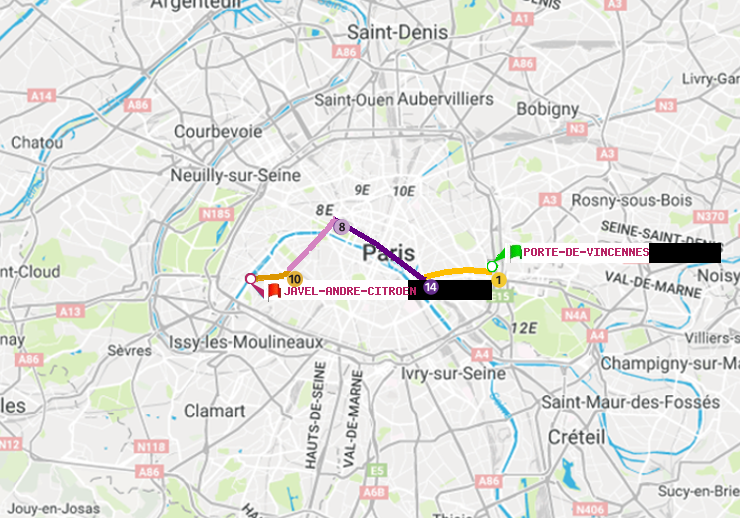 plan itinéraire ratp de Porte de Vincennes à Javel-André-Citroen