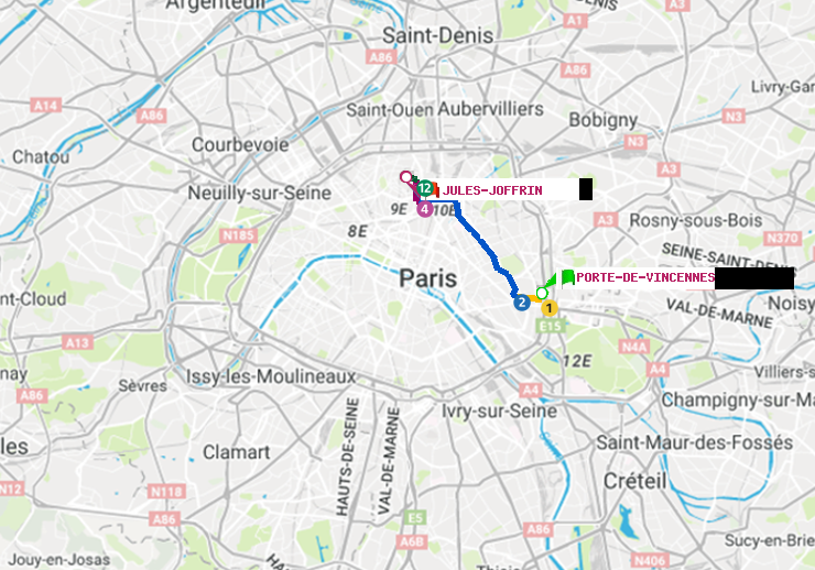 plan itinéraire ratp de Porte de Vincennes à Jules Joffrin