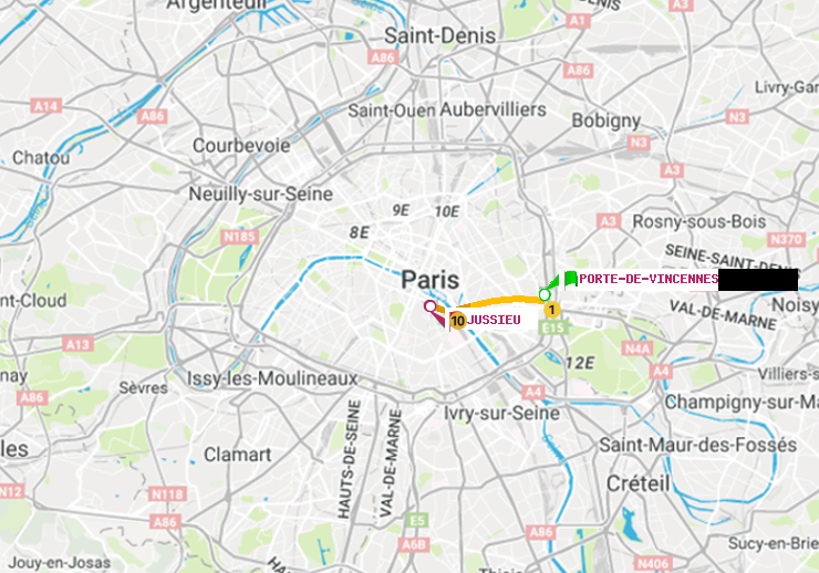plan itinéraire ratp de Porte de Vincennes à Jussieu