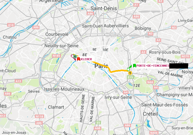 plan itinéraire ratp de Porte de Vincennes à Kléber