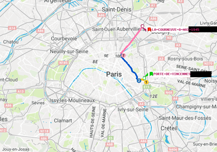 plan itinéraire ratp de Porte de Vincennes à La Courneuve-8-Mai-1945