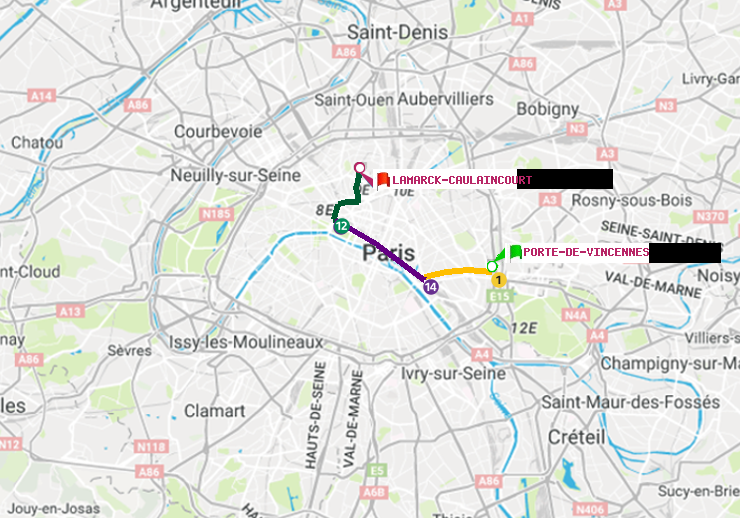 plan itinéraire ratp de Porte de Vincennes à Lamarck-Caulaincourt