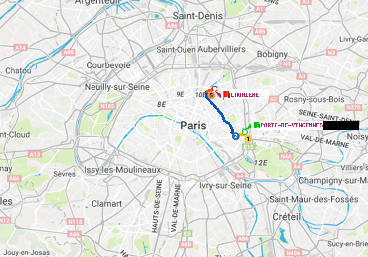 plan itinéraire ratp de Porte de Vincennes à Laumière