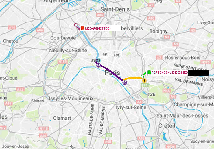 plan itinéraire ratp de Porte de Vincennes à Les Agnettes