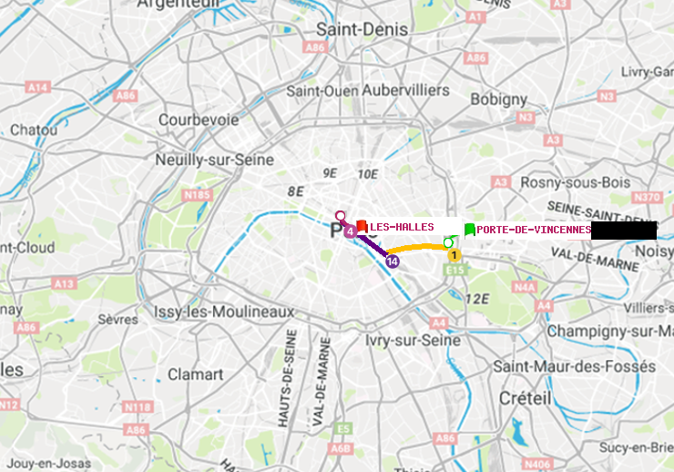 plan itinéraire ratp de Porte de Vincennes à Les Halles