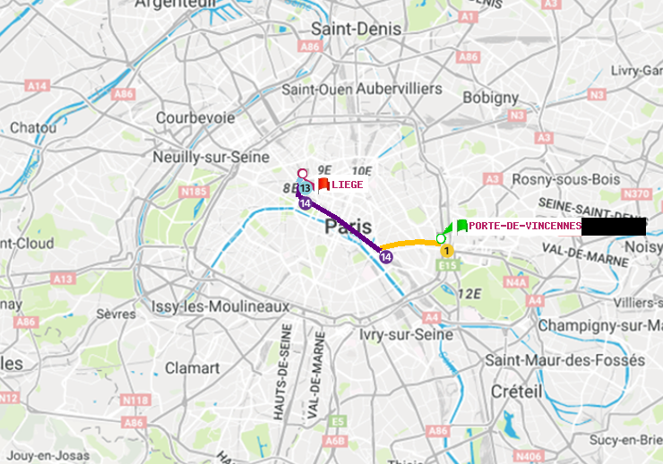 plan itinéraire ratp de Porte de Vincennes à Liège