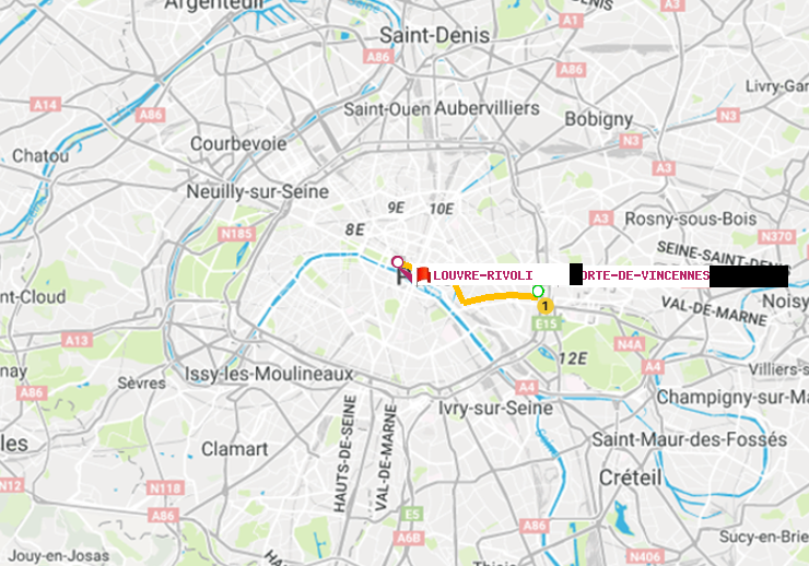 plan itinéraire ratp de Porte de Vincennes à Louvre-Rivoli