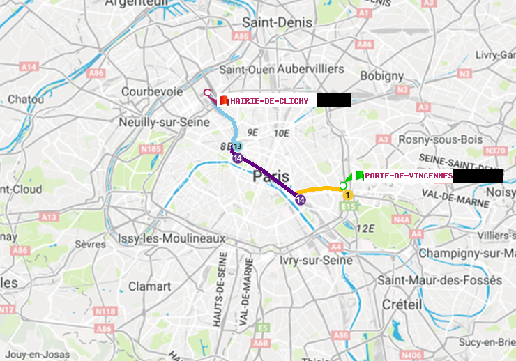 plan itinéraire ratp de Porte de Vincennes à Mairie de Clichy
