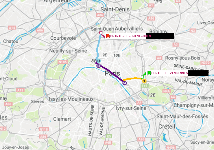 plan itinéraire ratp de Porte de Vincennes à Mairie de Saint-Ouen