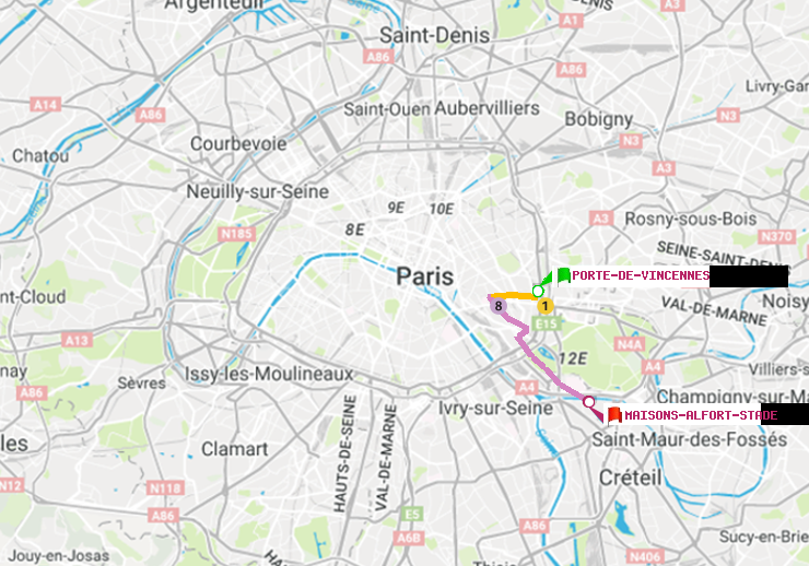 plan itinéraire ratp de Porte de Vincennes à Maisons-Alfort-Stade