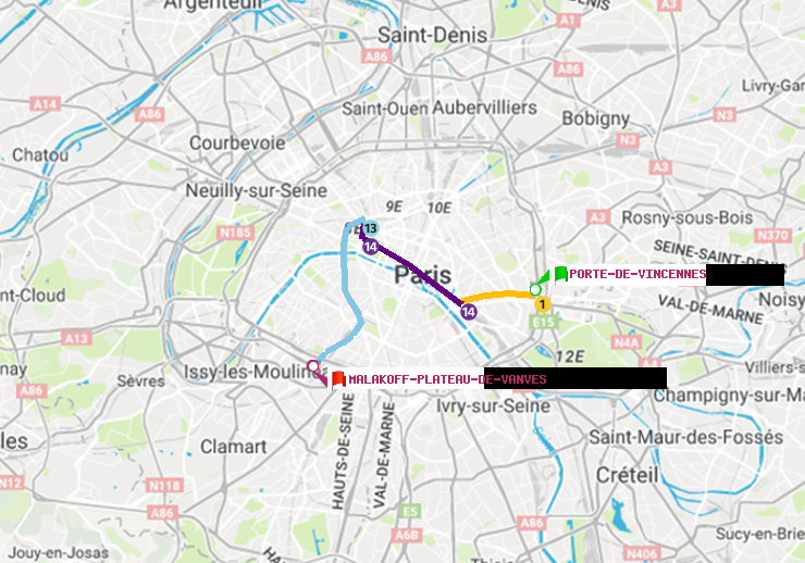plan itinéraire ratp de Porte de Vincennes à Malakoff-Plateau de Vanves