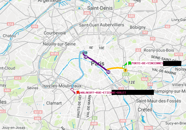 plan itinéraire ratp de Porte de Vincennes à Malakoff-Rue Etienne Dolet