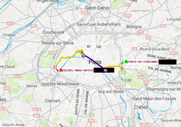 plan itinéraire ratp de Porte de Vincennes à Michel-Ange-Auteuil