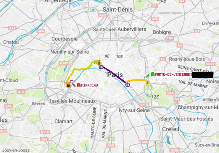 plan itinéraire ratp de Porte de Vincennes à Mirabeau