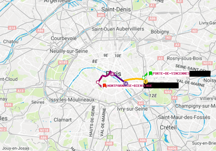 plan itinéraire ratp de Porte de Vincennes à Montparnasse-Bienvenue