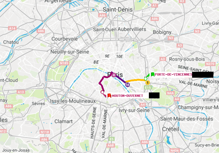 plan itinéraire ratp de Porte de Vincennes à Mouton-Duvernet
