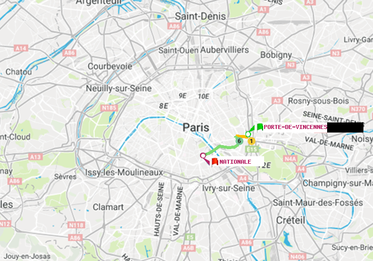 plan itinéraire ratp de Porte de Vincennes à Nationale