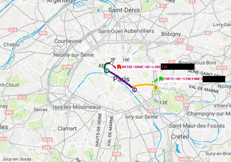 plan itinéraire ratp de Porte de Vincennes à Notre-Dame de Lorette