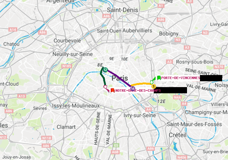 plan itinéraire ratp de Porte de Vincennes à Notre-Dame des Champs