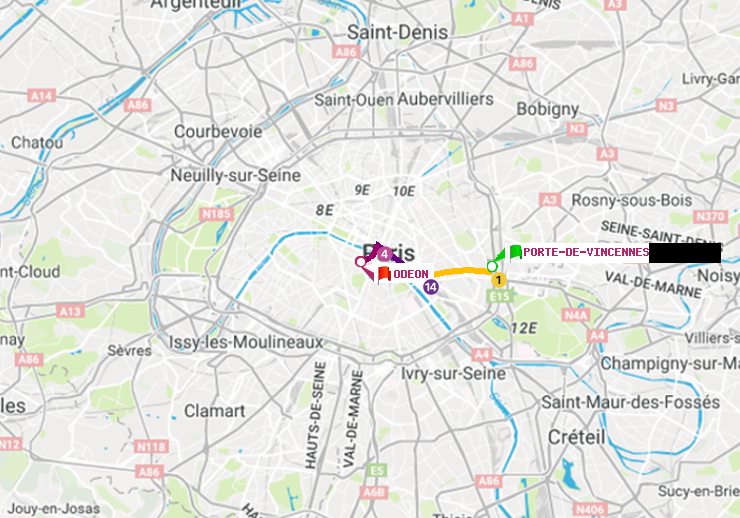 plan itinéraire ratp de Porte de Vincennes à Odéon