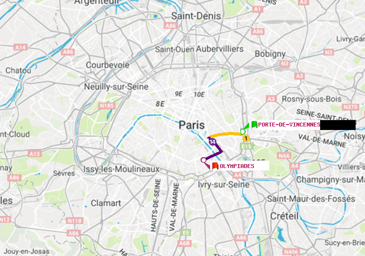 plan itinéraire ratp de Porte de Vincennes à Olympiades