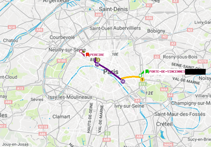 plan itinéraire ratp de Porte de Vincennes à Péreire