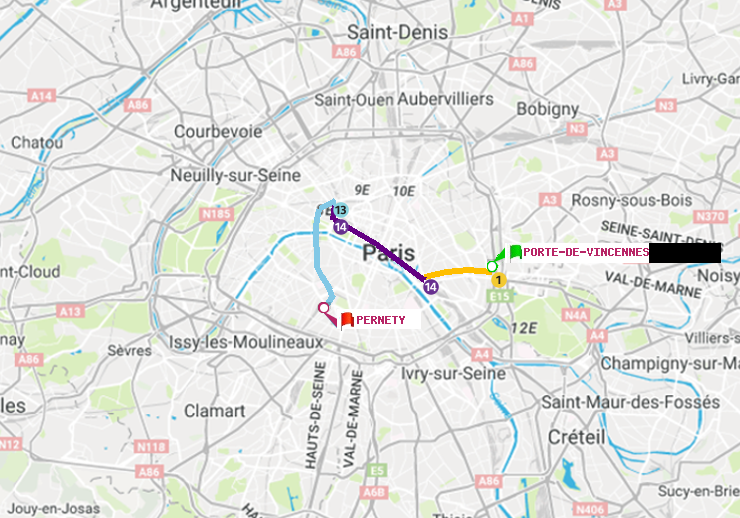 plan itinéraire ratp de Porte de Vincennes à Pernety