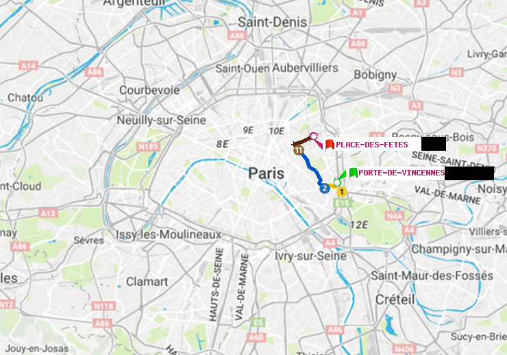 plan itinéraire ratp de Porte de Vincennes à Place des Fêtes