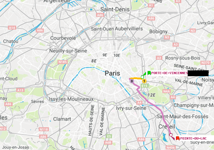 plan itinéraire ratp de Porte de Vincennes à Pointe du Lac