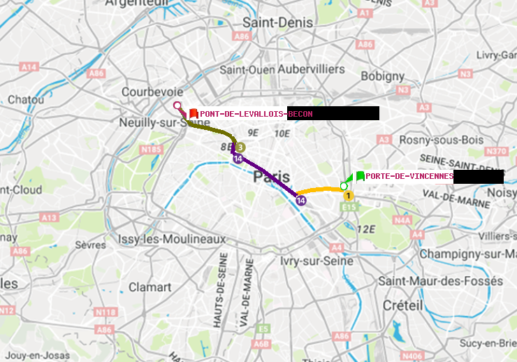 plan itinéraire ratp de Porte de Vincennes à Pont de Levallois-Bécon