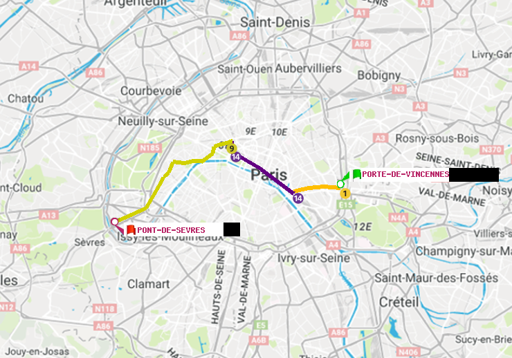 plan itinéraire ratp de Porte de Vincennes à Pont de Sèvres