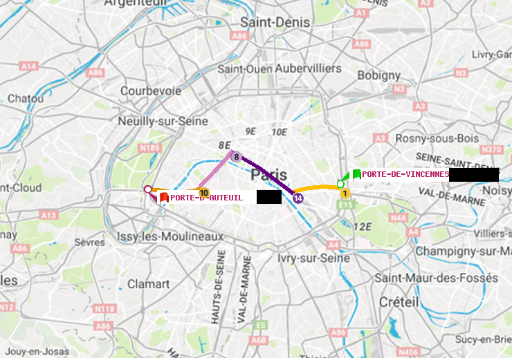 plan itinéraire ratp de Porte de Vincennes à Porte d