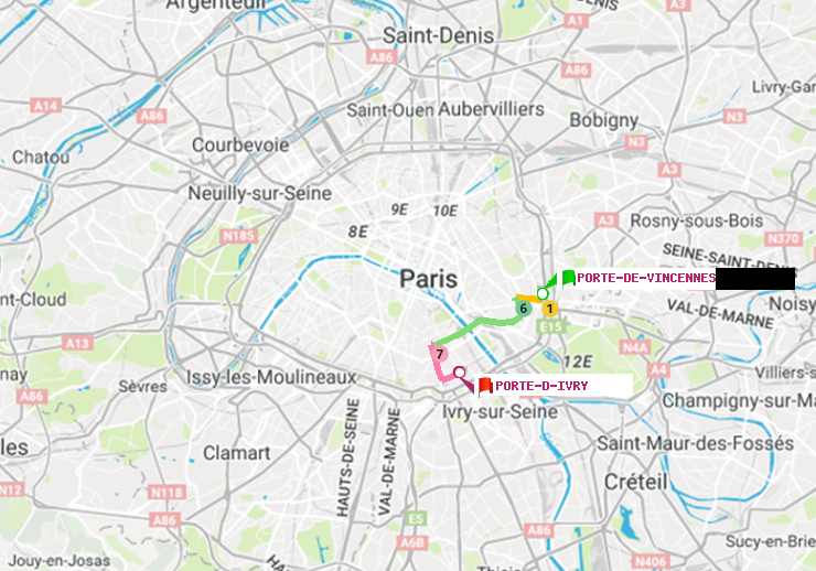 plan itinéraire ratp de Porte de Vincennes à Porte d