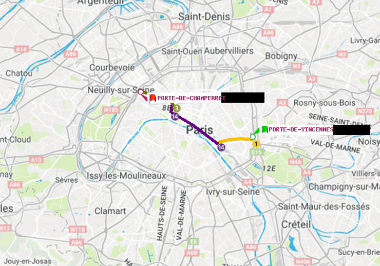 plan itinéraire ratp de Porte de Vincennes à Porte de Champerret