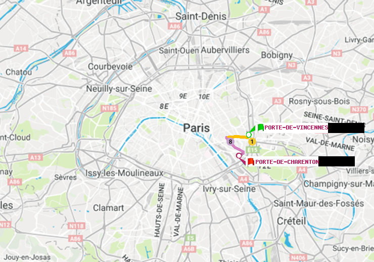 plan itinéraire ratp de Porte de Vincennes à Porte de Charenton