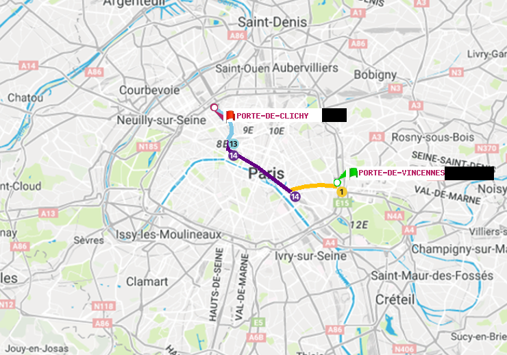 plan itinéraire ratp de Porte de Vincennes à Porte de Clichy