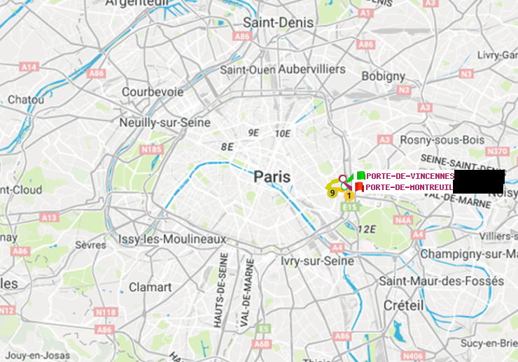 plan itinéraire ratp de Porte de Vincennes à Porte de Montreuil