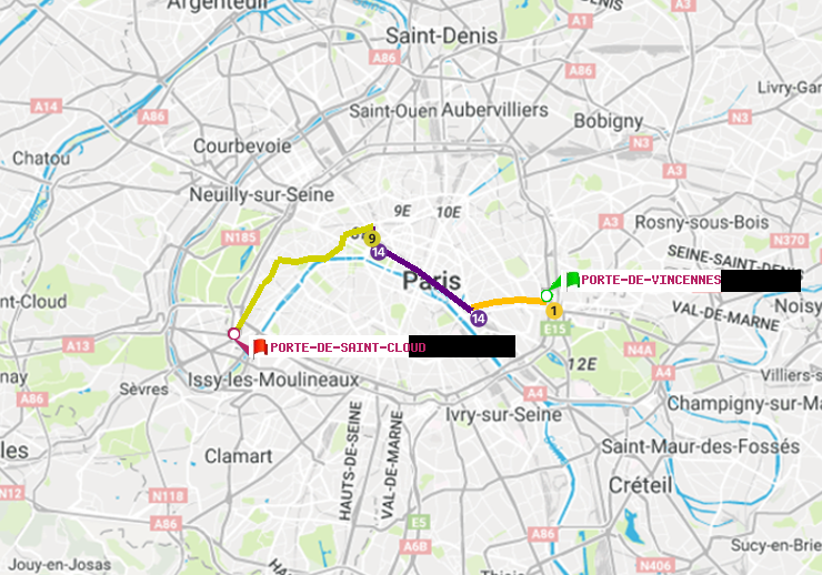 plan itinéraire ratp de Porte de Vincennes à Porte de Saint-Cloud