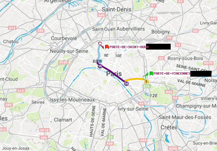 plan itinéraire ratp de Porte de Vincennes à Porte de Saint-Ouen