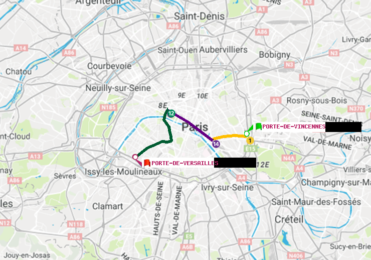 plan itinéraire ratp de Porte de Vincennes à Porte de Versailles