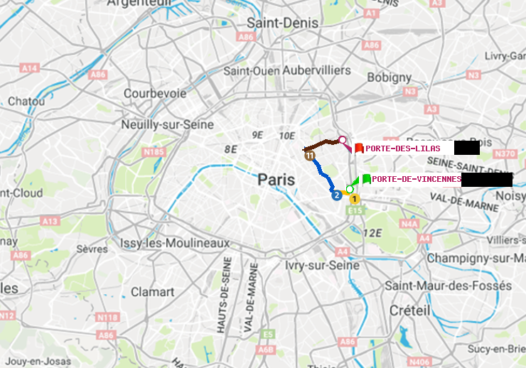 plan itinéraire ratp de Porte de Vincennes à Porte des Lilas