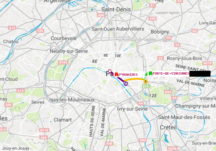 plan itinéraire ratp de Porte de Vincennes à Pyramides