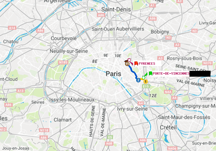 plan itinéraire ratp de Porte de Vincennes à Pyrenees